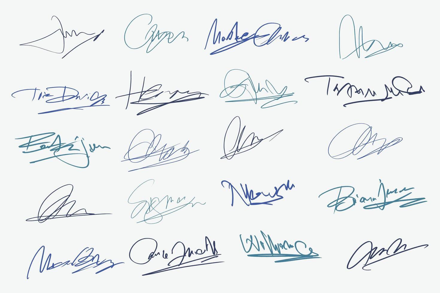 Signatures set. Fictitious handwritten signatures for signing documents on white background. vector