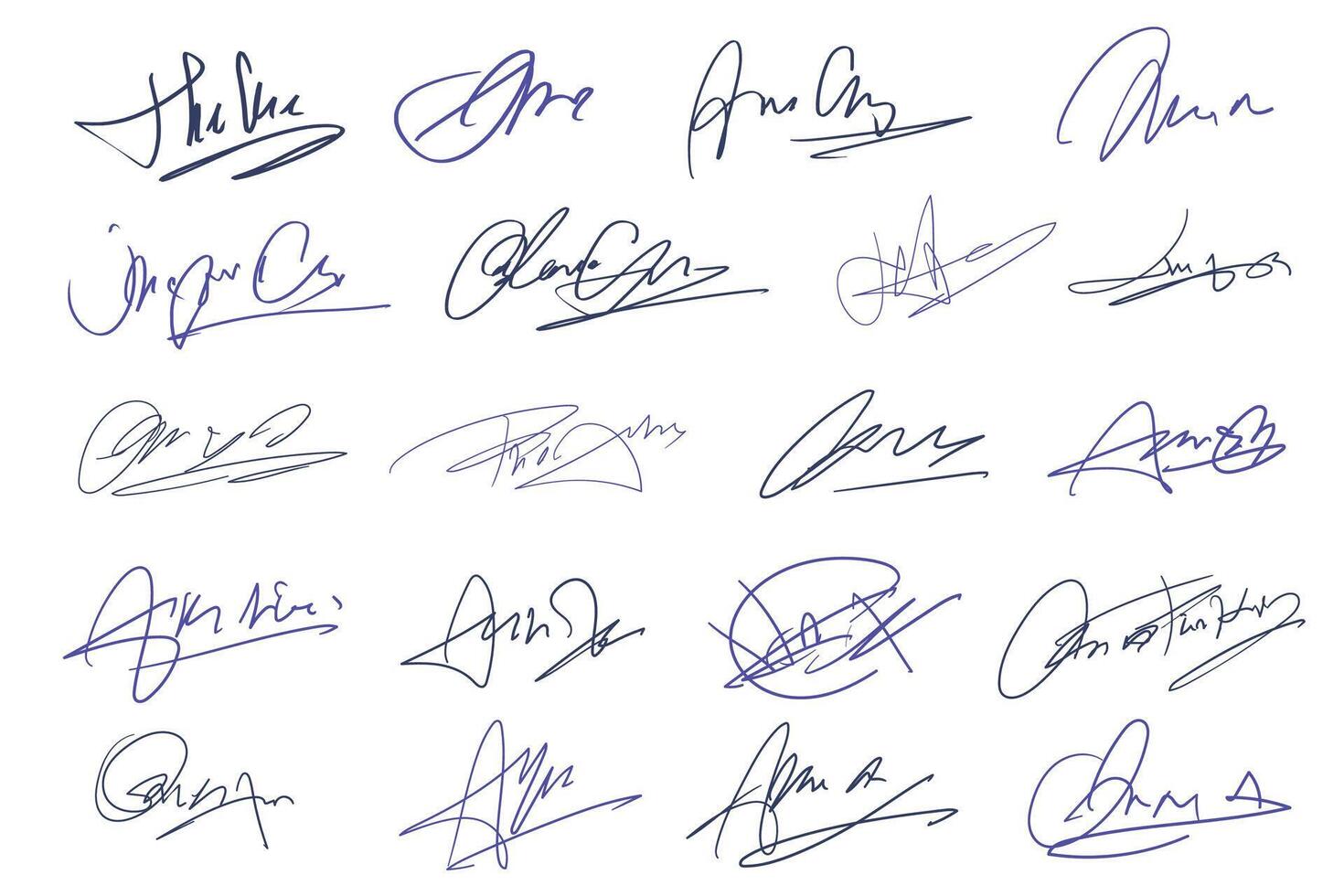 Signatures set. Fictitious handwritten signatures for signing documents on white background. vector