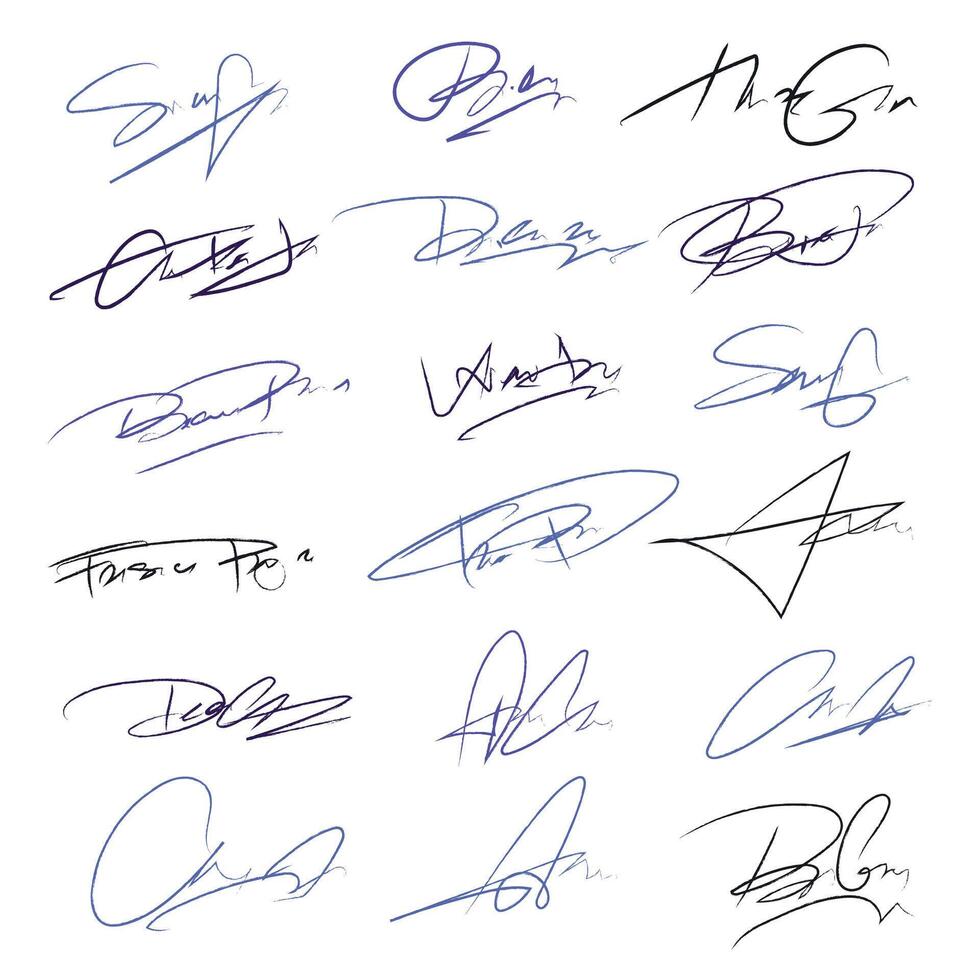 Signatures set. Fictitious handwritten signatures for signing documents on white background. vector