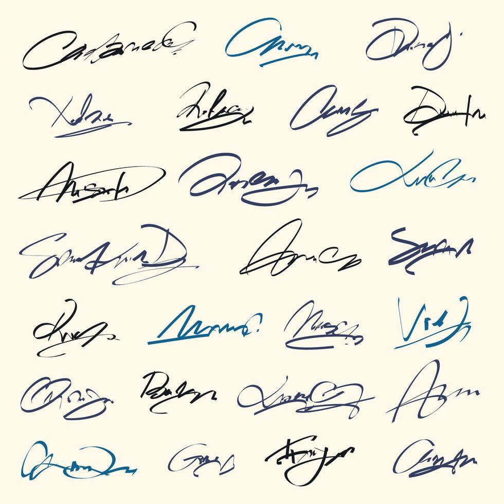 Signatures set. Fictitious handwritten signatures for signing documents on white background. vector