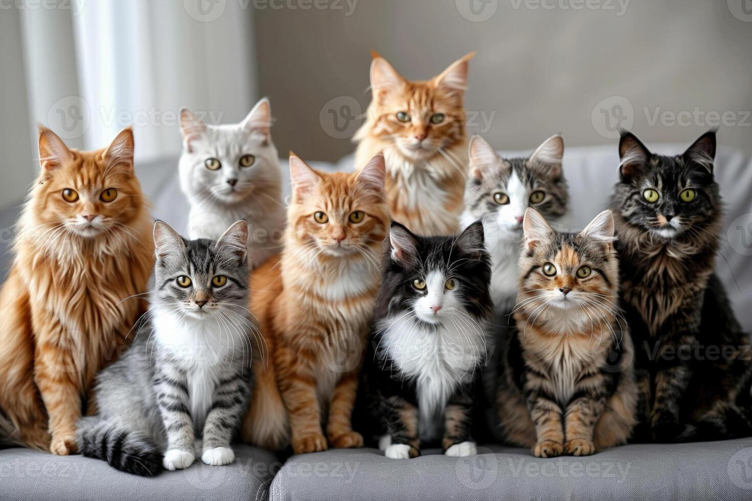Group of various breeds of cats sitting together, posing for a Cat Day portrait, colorful and diverse photo