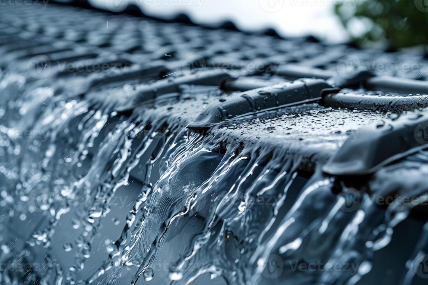Rainwater cascading off a roof, close up on the flowing water, emphasizing the intensity of the downpour photo