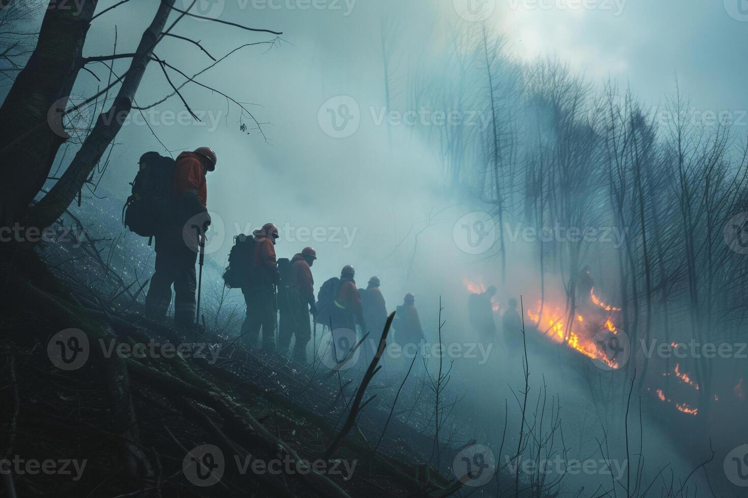 Volunteers forming a line to fight a small forest fire, teamwork in a smoky, chaotic environment photo