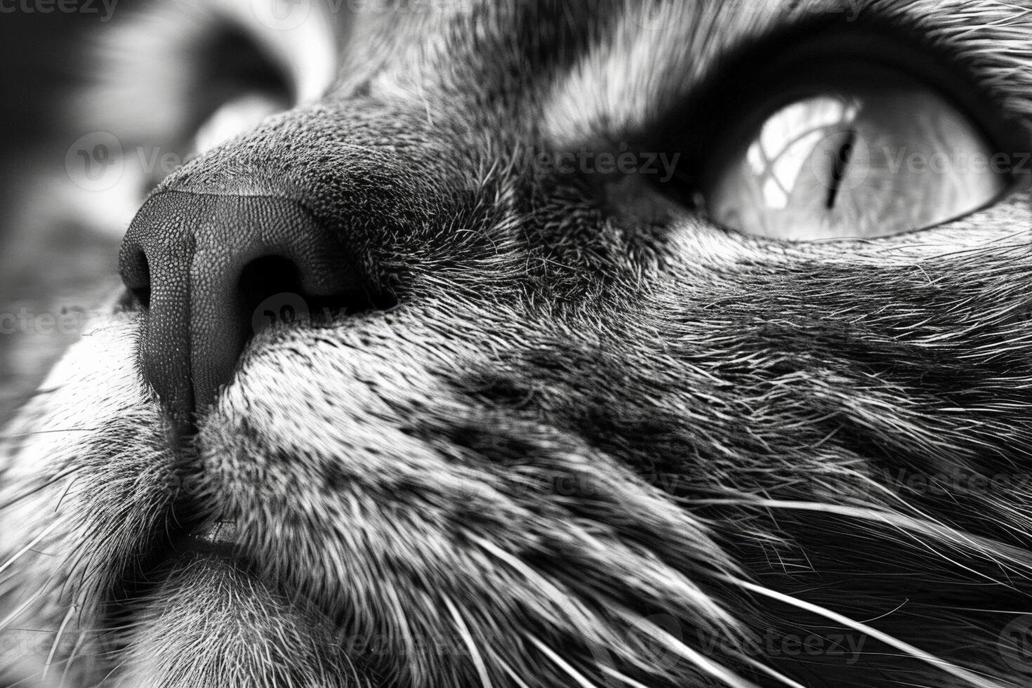 artístico negro y blanco foto de un gatos rostro, enfatizando el elegante caracteristicas y espíritu de gatos en su día