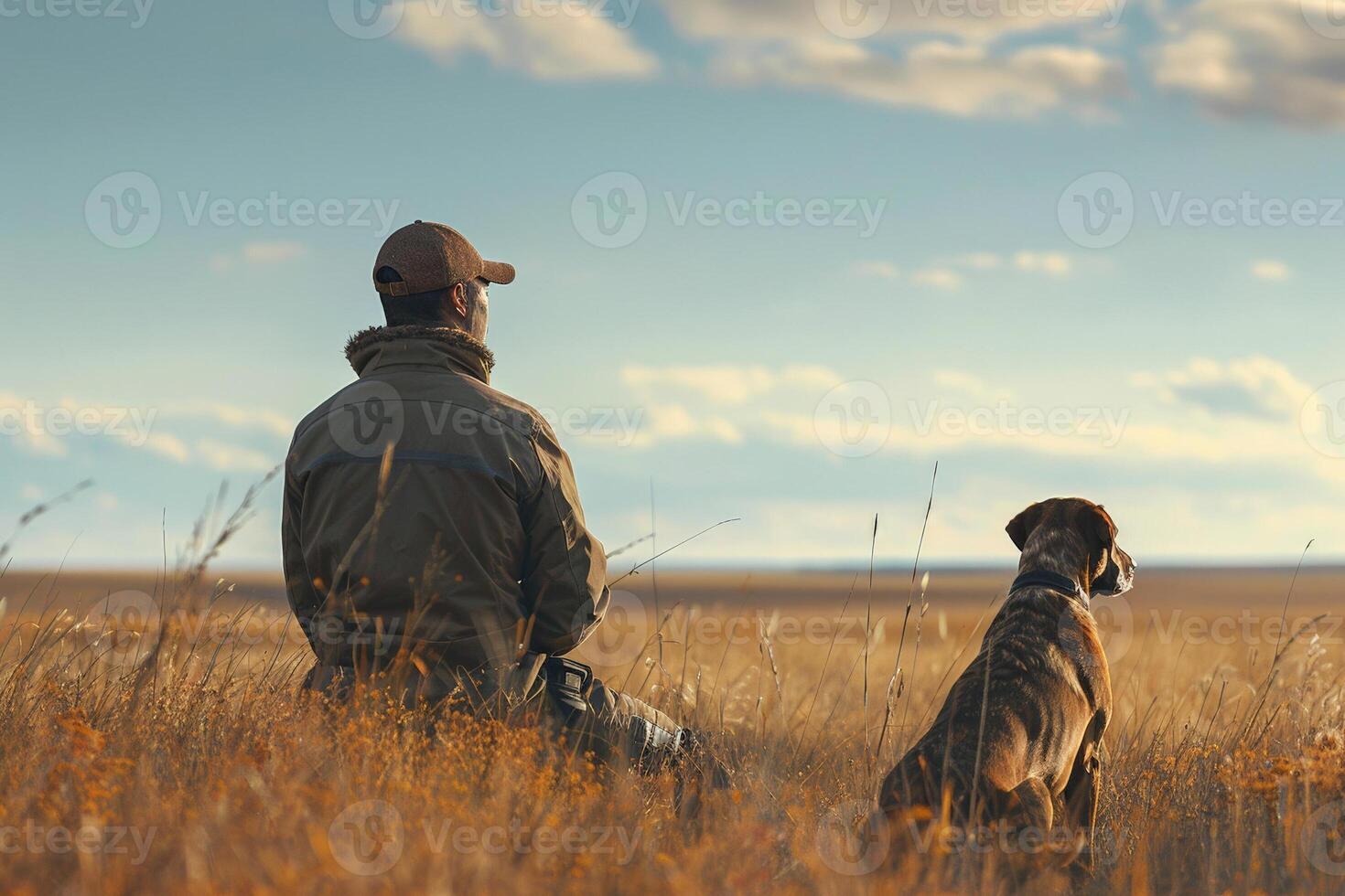 Hunter with a trained hunting dog at his side, both alert and scanning the horizon in a grassy field photo