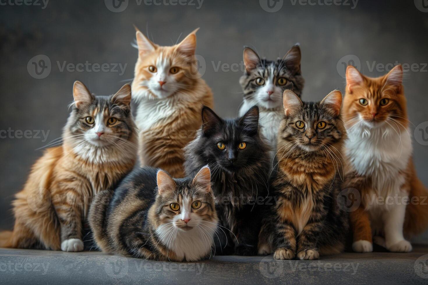 Group of various breeds of cats sitting together, posing for a Cat Day portrait, colorful and diverse photo