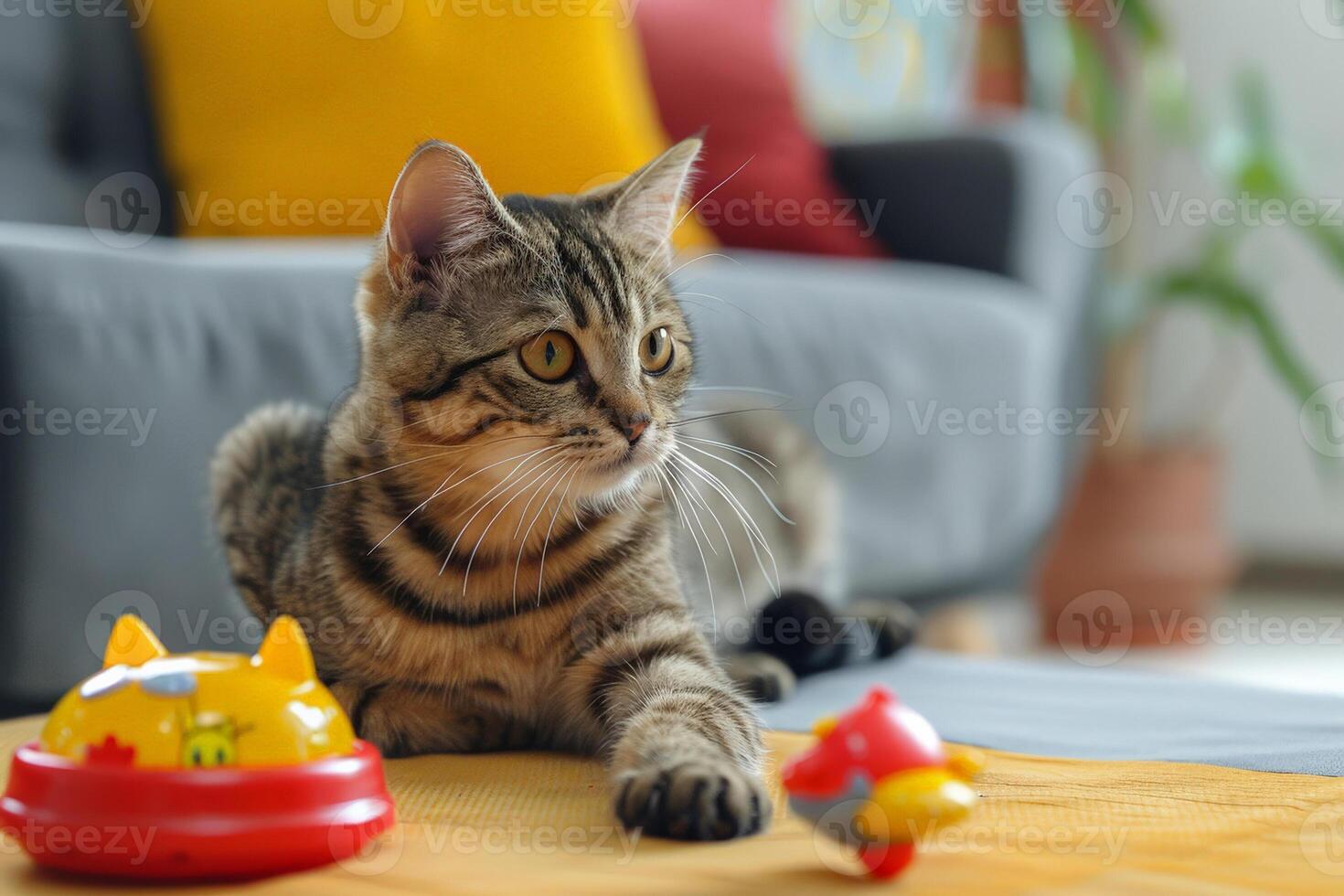 Cat playing with a Cat Day themed toy, vibrant and lively action shot in a living room photo