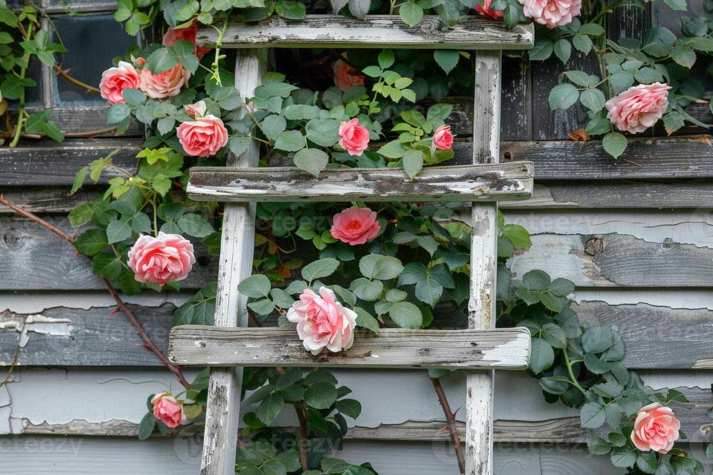 Distressed wooden ladder repurposed as a shabby chic floral display shelf, garden flowers and climbing ivy photo