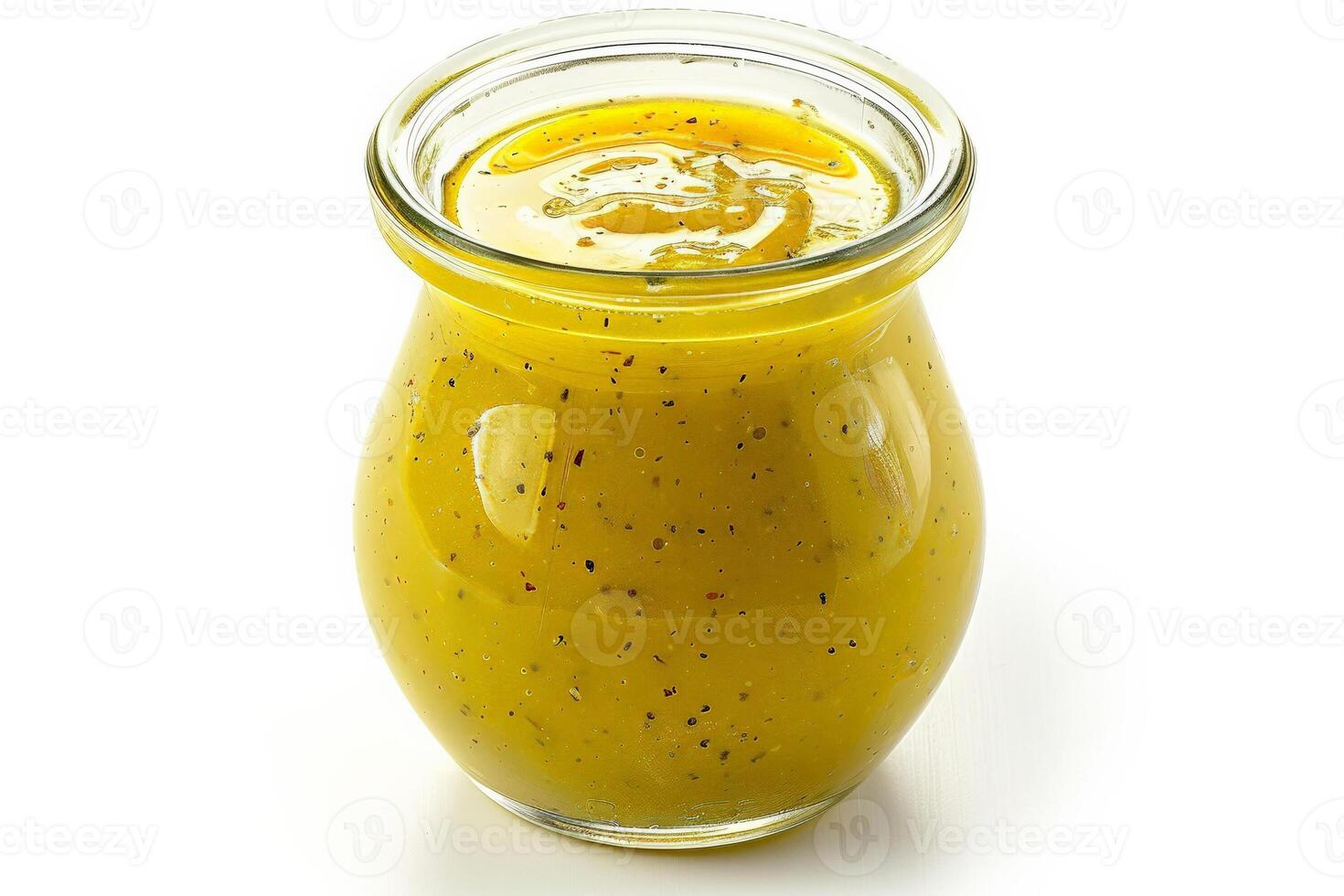 Honey mustard dressing in a glass jar, golden and creamy, isolated on a white background photo