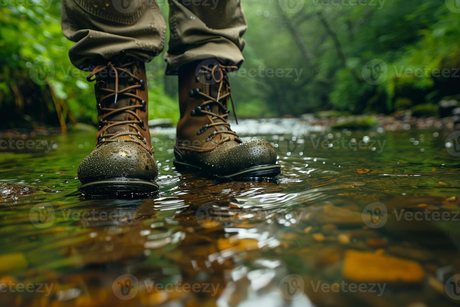 Close up of fishing boots standing in shallow stream water, surrounded by lush green vegetation photo