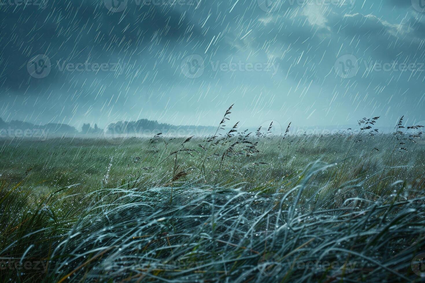 Windblown rain slashing across an open field, tall grasses bending under the force of the storm photo