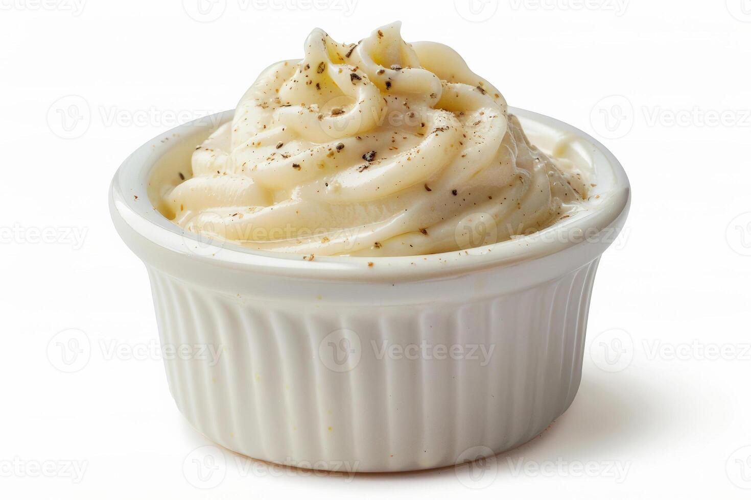 Ramekin of aioli sauce, creamy garlic flavor, smooth texture, isolated on a white backdrop photo