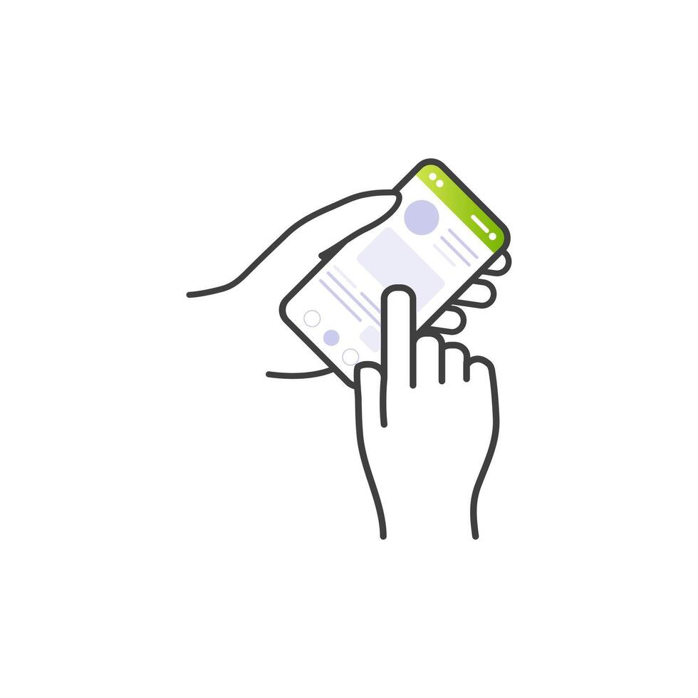 mano sostener el teléfono inteligente móvil teléfono toque pantalla en mano, icono plano diseño vector