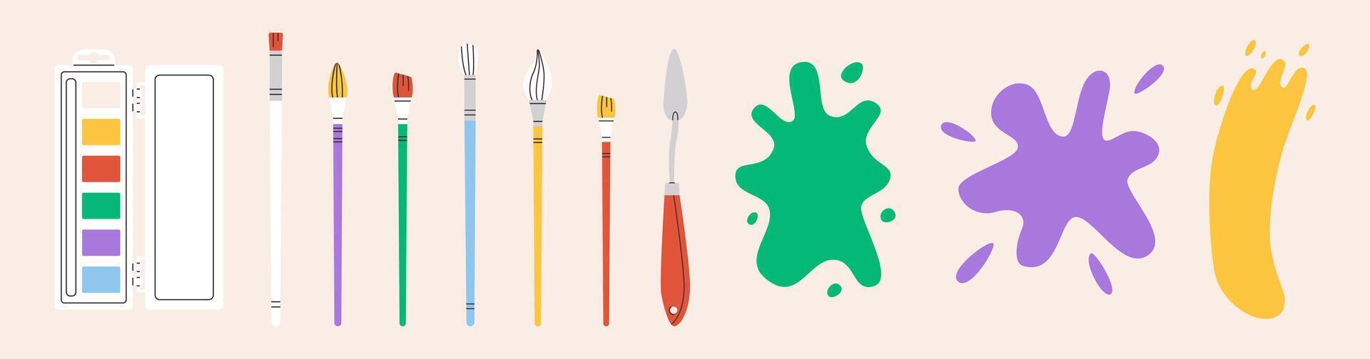 Set with painting elements. Brushes, paints and blots. Flat illustration isolated on white. Hand drawn style. vector