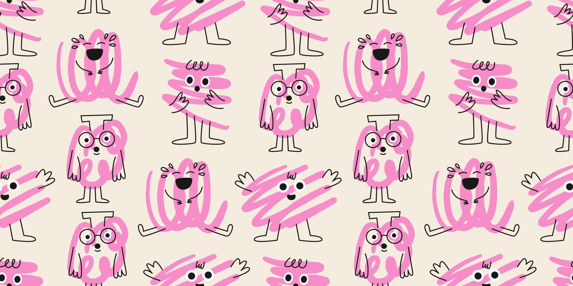 Seamless pattern with abstract scribble characters. Cute funny doodle colorful characters background. Hand drawn flat illustration isolated. vector