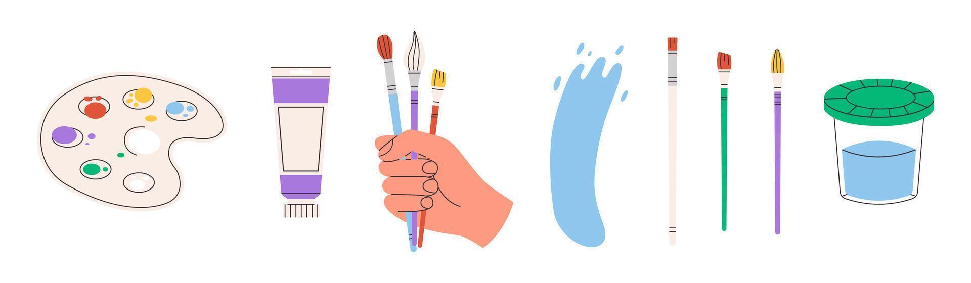 Painting tools elements set. Art supplies, paint tubes, brushes, watercolor, palette. Flat illustration isolated on white. Hand drawn style. vector