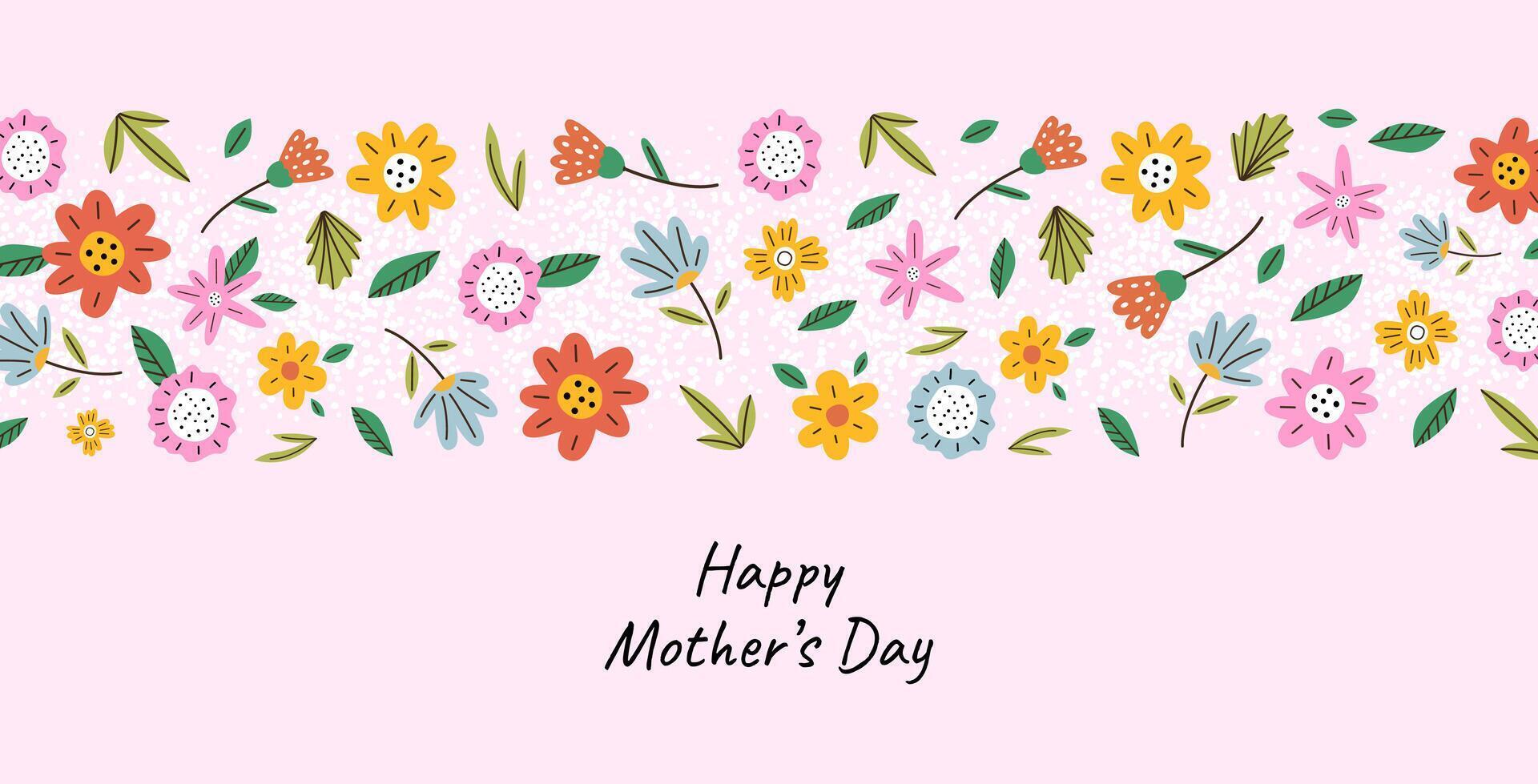 Mothers Day banner with cute flowers. Abstract floral pattern in hand drawn style. Spring summer bright abstract floral design template for ads promo. vector