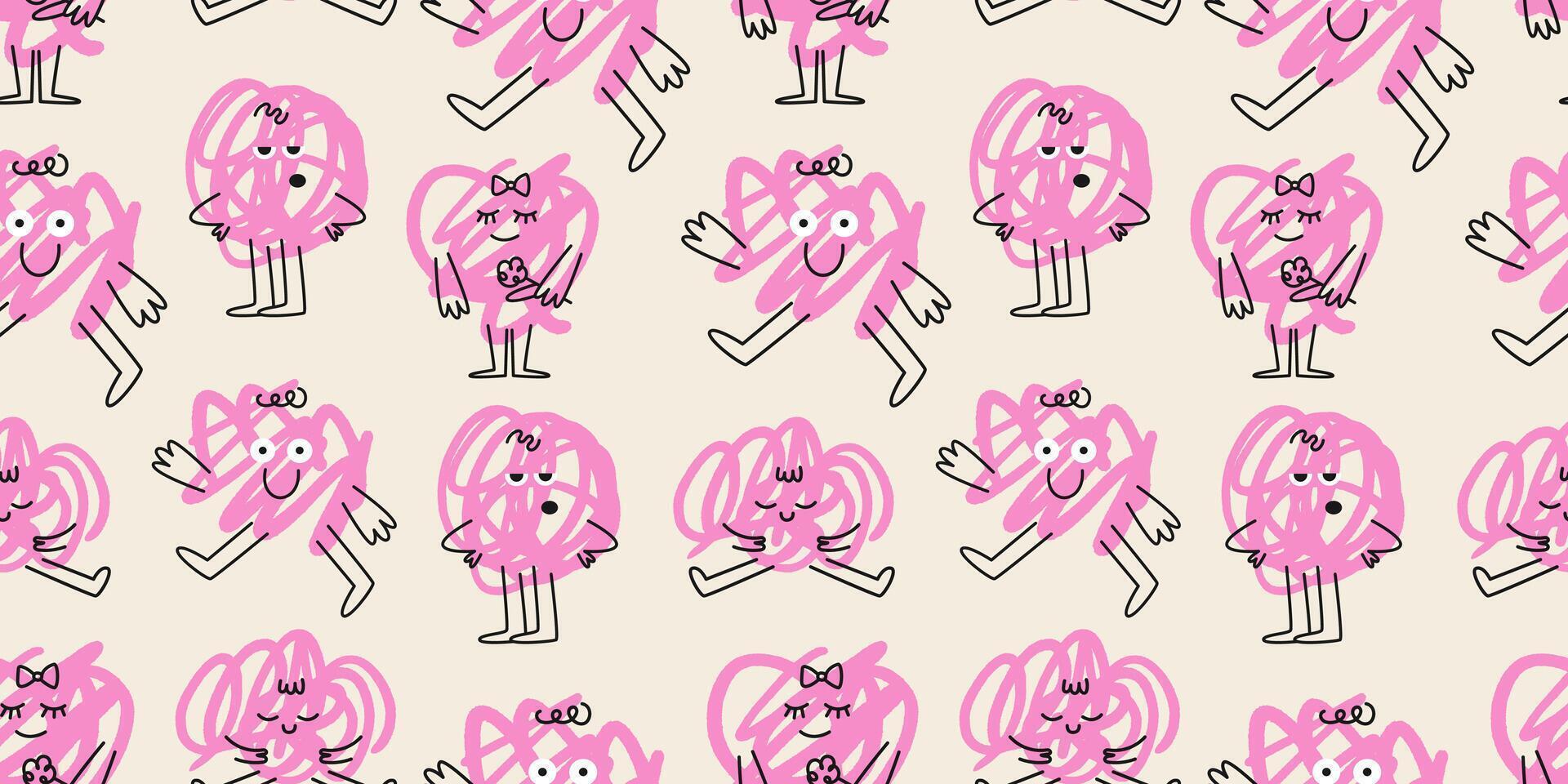 Seamless pattern with cute abstract hand drawn characters. Funny doodle scribble colorful characters background. Flat illustration isolated. vector