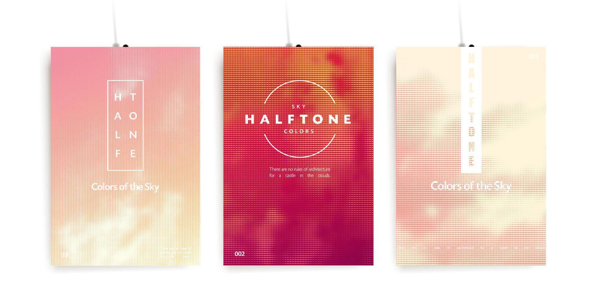 Trendy colorful poster set. Halftone sky background and abstract geometric shapes. Modern creative cover templates vector