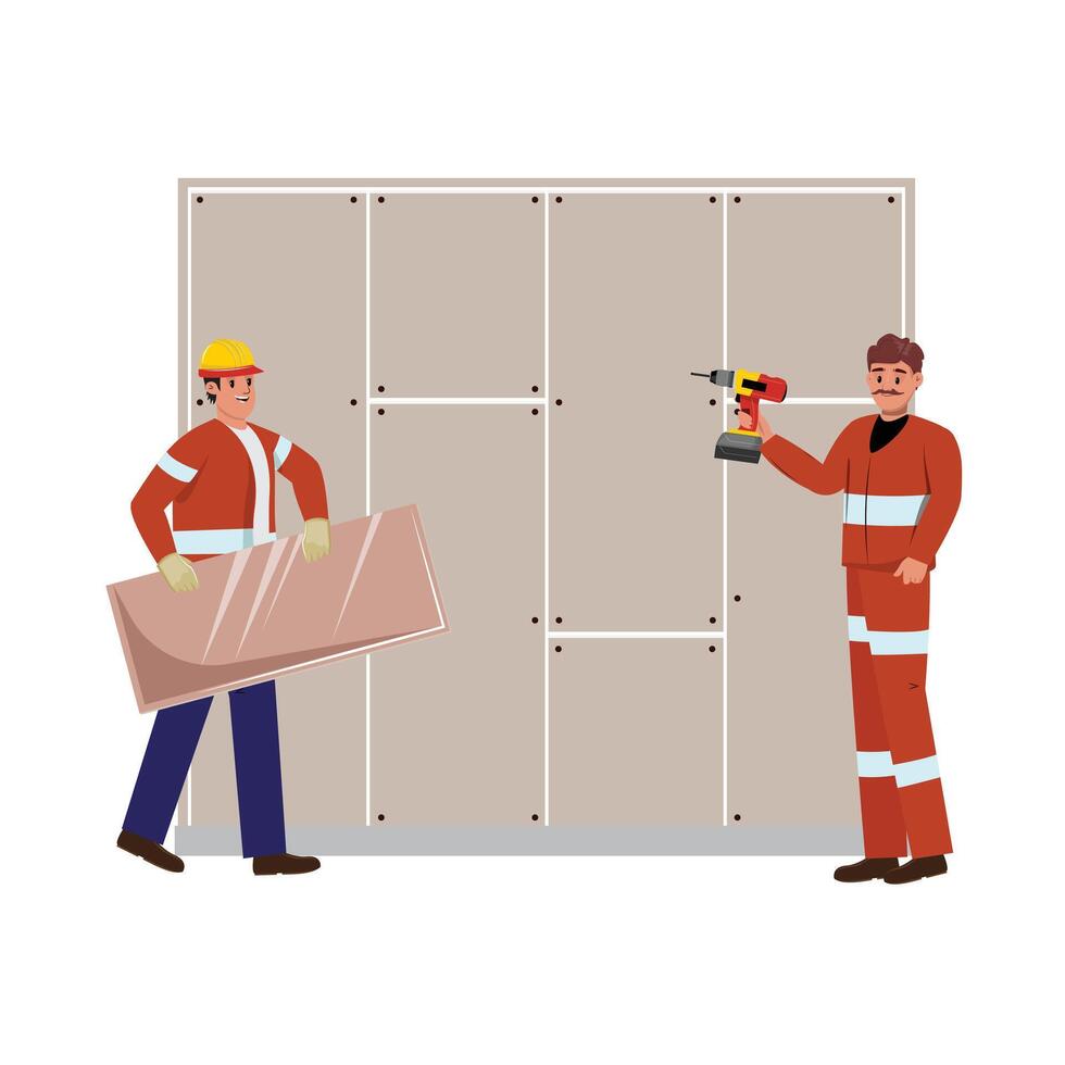 Workers wearing protective clothes, helmet, gloves and using tools vector