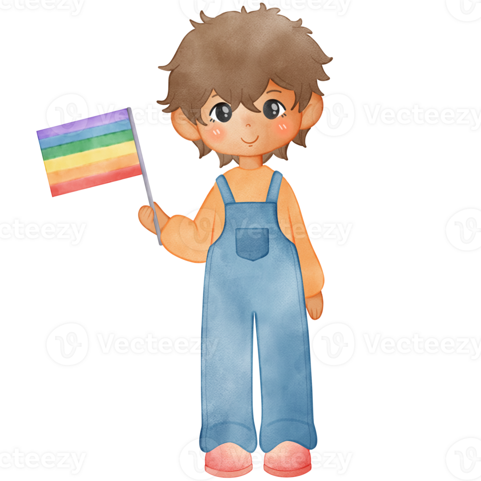 Illustration of a man holding a rainbow flag for Pride Month png