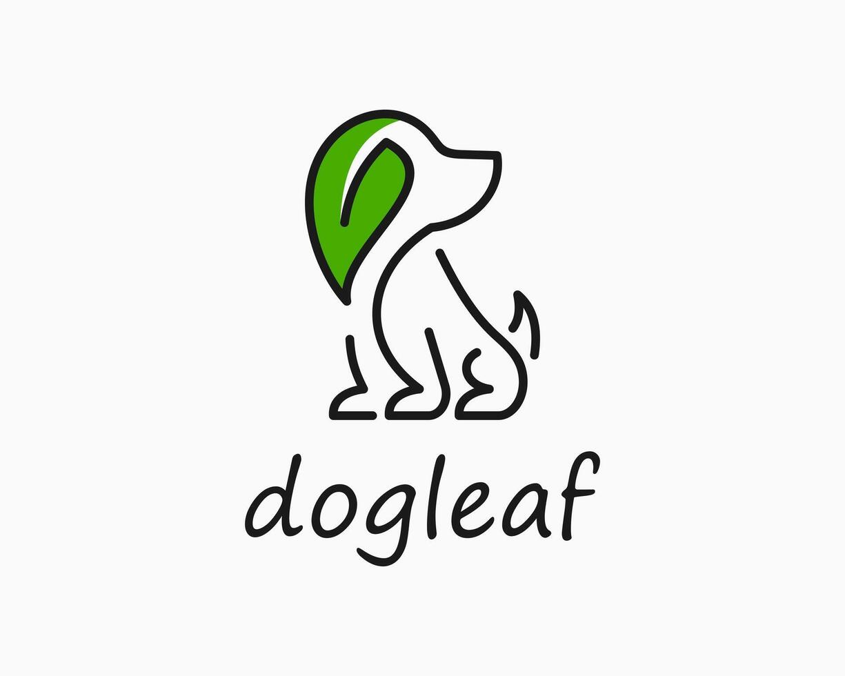 Dog Puppy Canine Pet Leaf Green Fresh Organic Line Art Drawing Logo Design Illustration vector