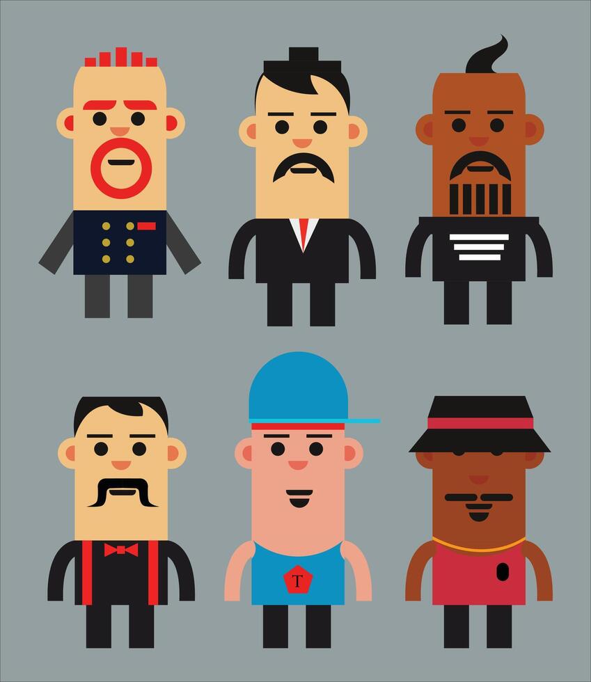 Cartoon man in casual and formal clothes. With different faces isolated vector