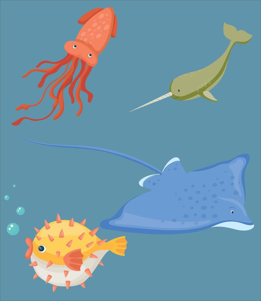 dibujos animados mar animal. mar pez, rayas, pulpo, caballa, delfines y varios plantas. submarino fauna silvestre criaturas ilustración conjunto vector