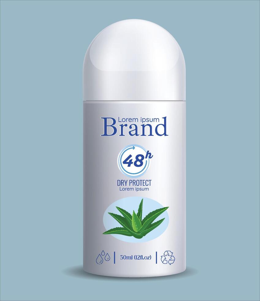 Roll-on antiperspirant body deodorant bottle, white bottle and closed with screw cap. Realistic mockup. vector