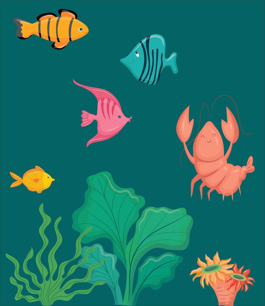 dibujos animados mar animal. mar pez, mar camarón y varios plantas. submarino fauna silvestre criaturas ilustraciones conjunto vector