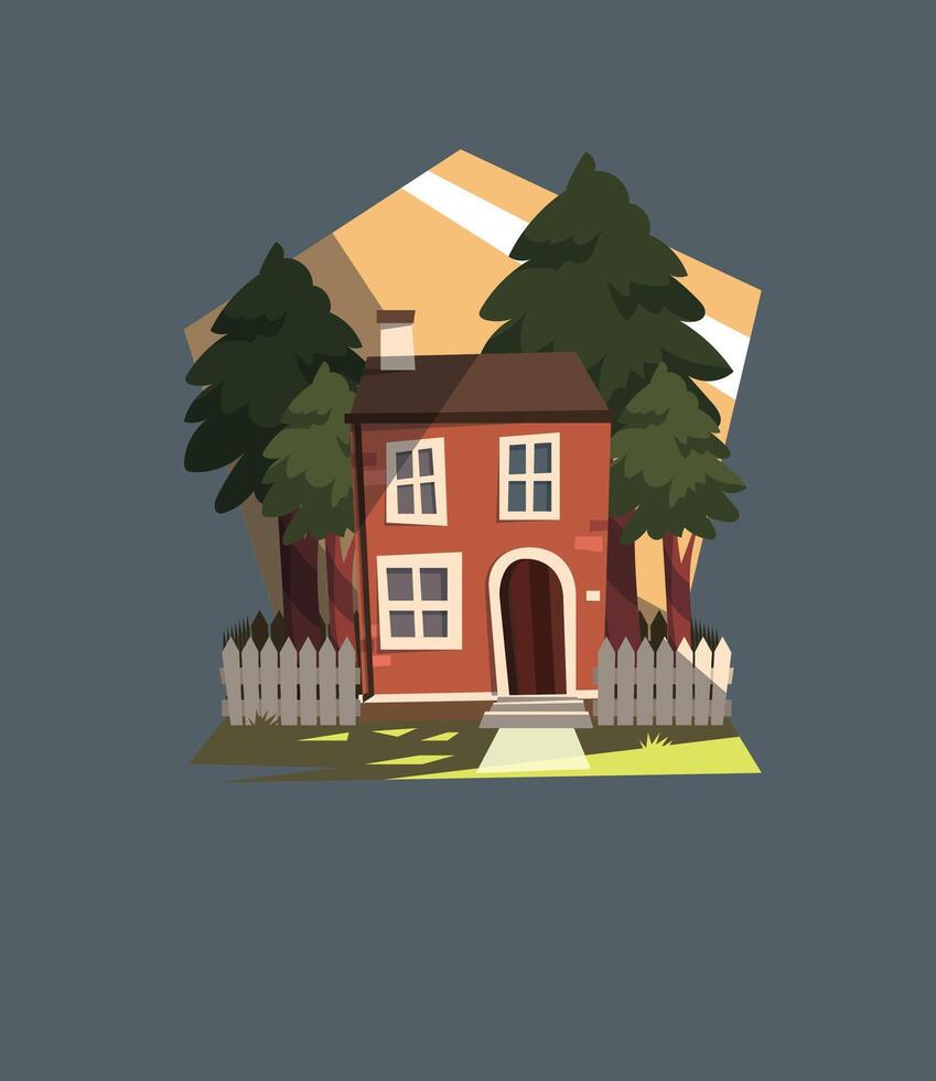 Colorful Flat Residential House Cardboard, Lush Trees. eps 10. Gray background. vector