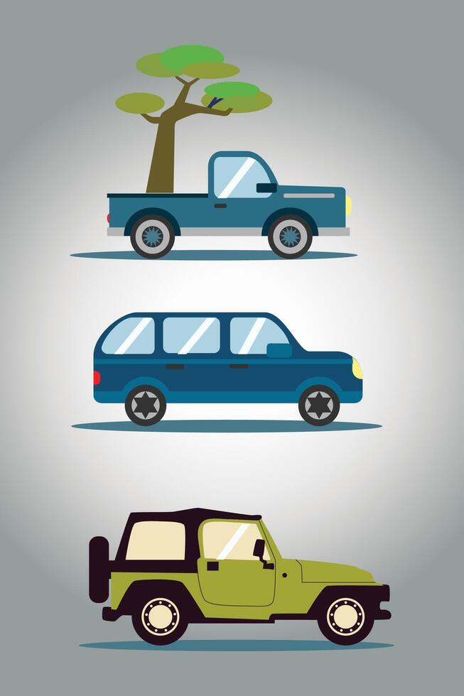 plano carros colocar. minivan, levantar, todoterreno, camión. plano iconos vector