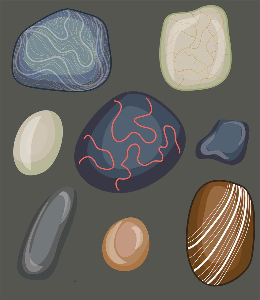 pequeño mar playa rocas o suave piedras de varios colores y formas, aislado 3d mar o río playa guijarros realista icono. vector