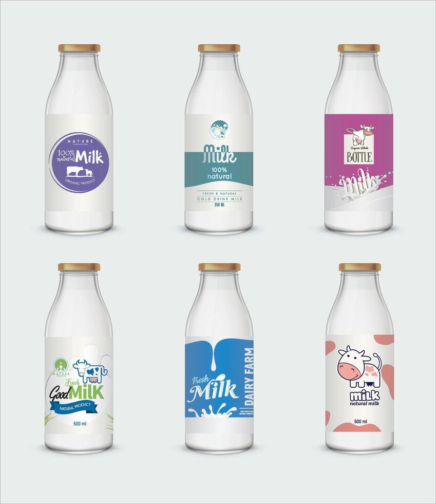 Set of illustrations in realistic style glass bottles with milk and without with different labels isolated on gray. Package mockup design ready for vector