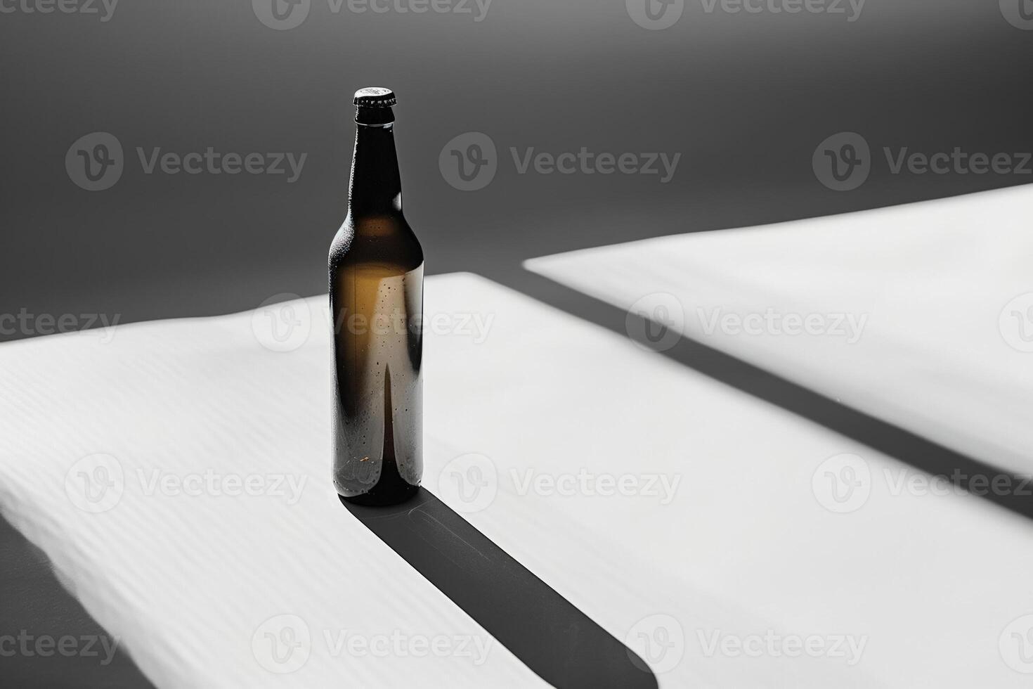 Elegant beer bottle casting a long shadow on a smooth, light surface, minimalist aesthetic photo