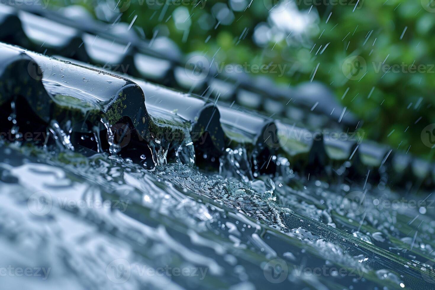 Rainwater cascading off a roof, close up on the flowing water, emphasizing the intensity of the downpour photo