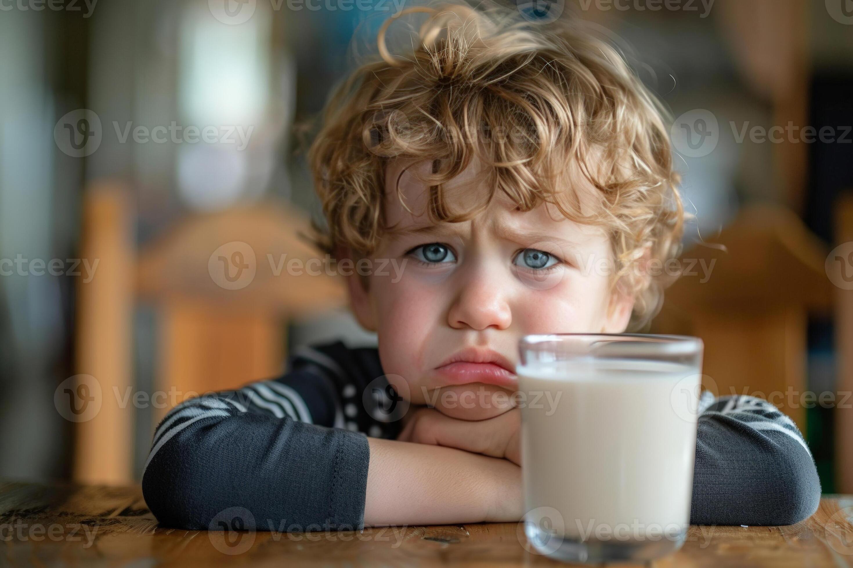 Young child looking unhappy with a glass of regular milk, symbolizing