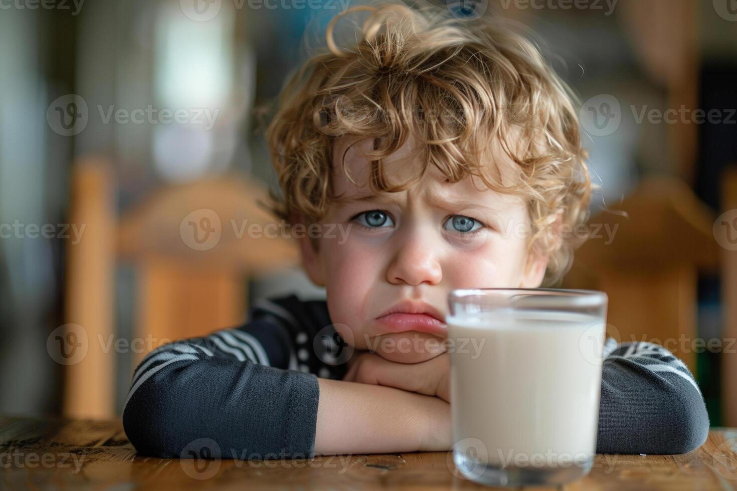 Young child looking unhappy with a glass of regular milk, symbolizing early signs of lactose intolerance photo