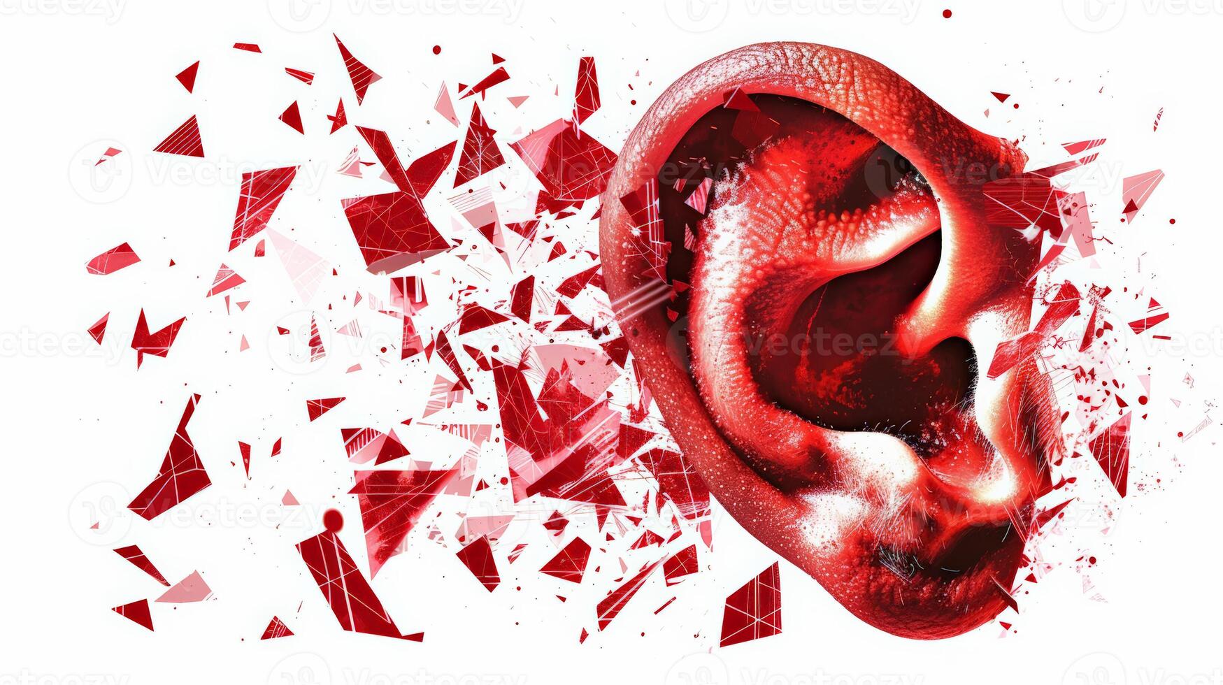 Noise pollution concept with a shattered eardrum illustration, vibrant red against white background photo