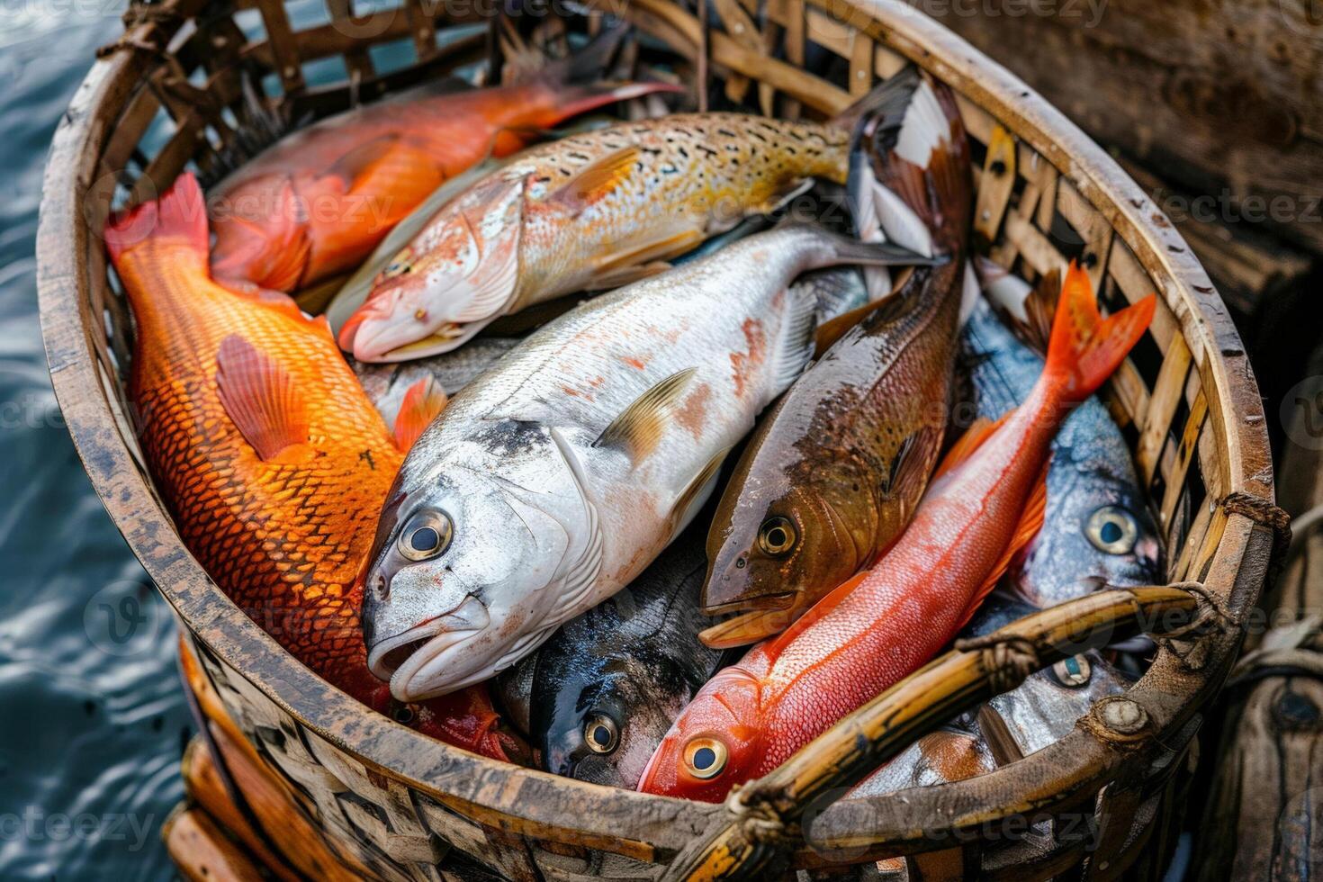 Fishermans basket full of various fresh fish, caught and ready to be cleaned, rich detail and color photo