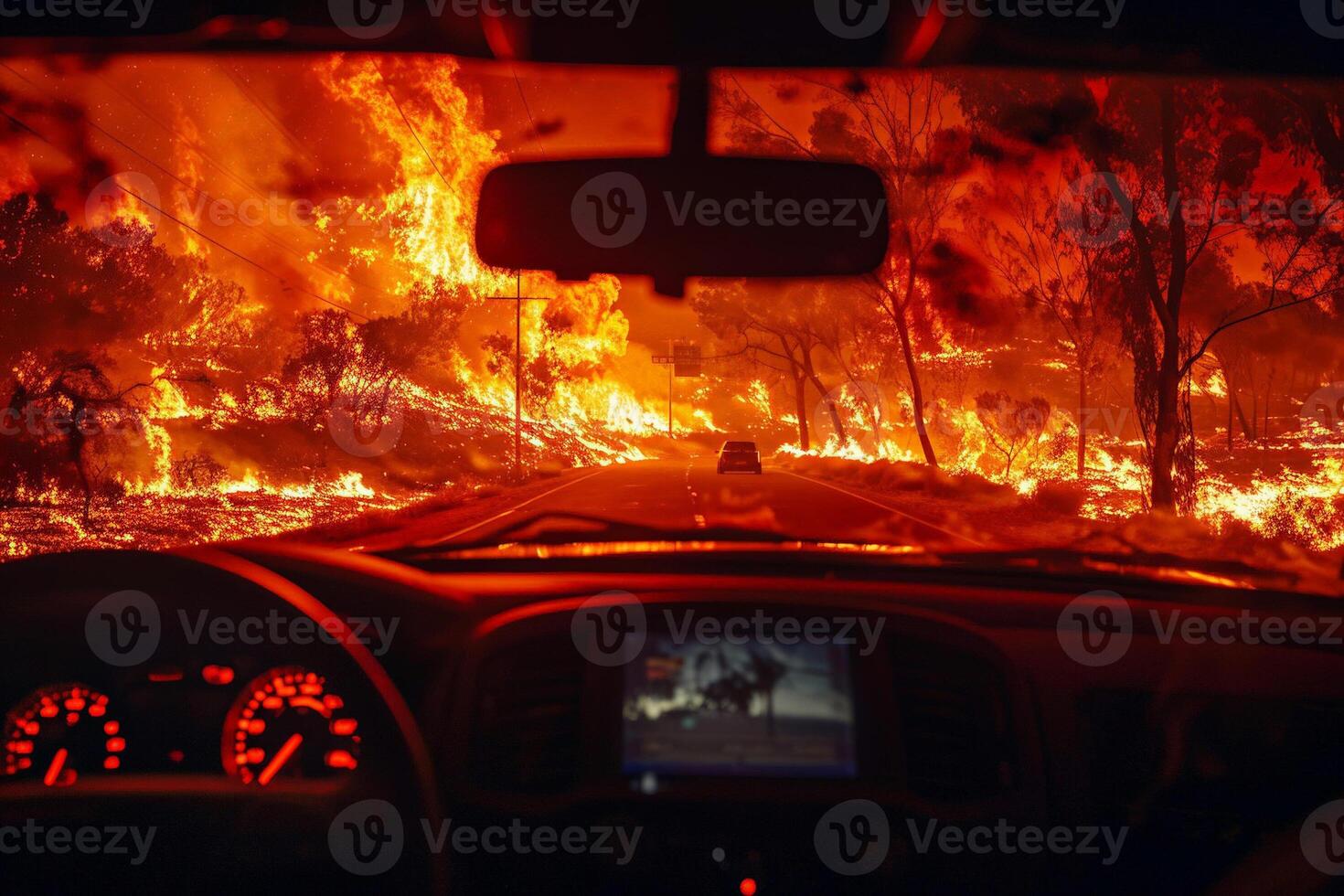 View from inside a car evacuating from a wildfire area, flames visible through the rear window photo