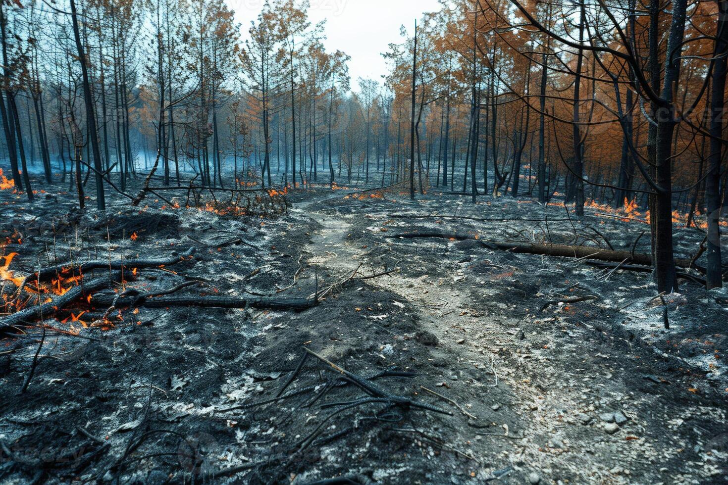 Burnt landscape after a wildfire, blackened ground with few surviving green spots, a scene of devastation photo