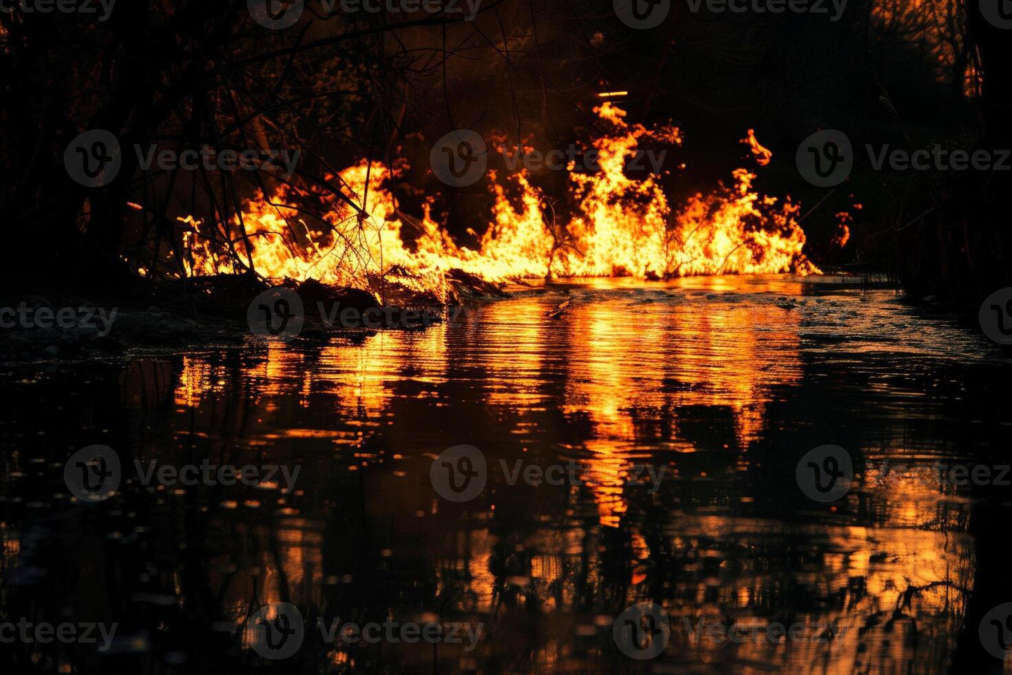 Flames reflected in a river at night, surreal and frightening beauty of fire in nature photo