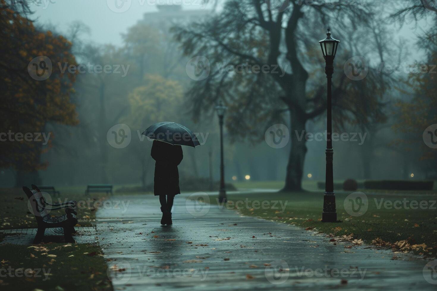 Lonely figure with an umbrella walking through a heavily rain soaked park, mist and drizzle around photo