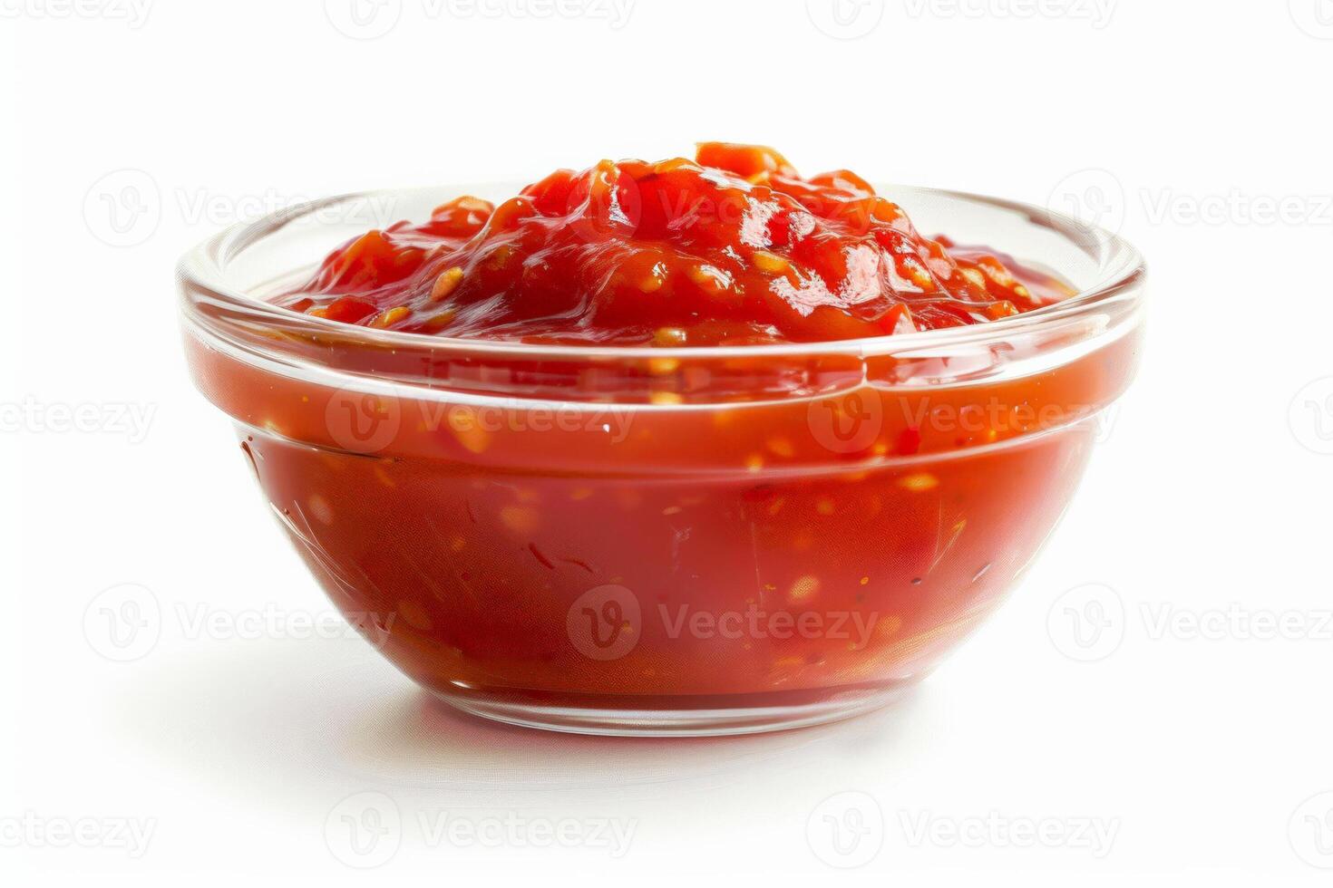 dulce chile salsa en un claro inmersión bol, brillante y atractivo, aislado en un blanco antecedentes foto