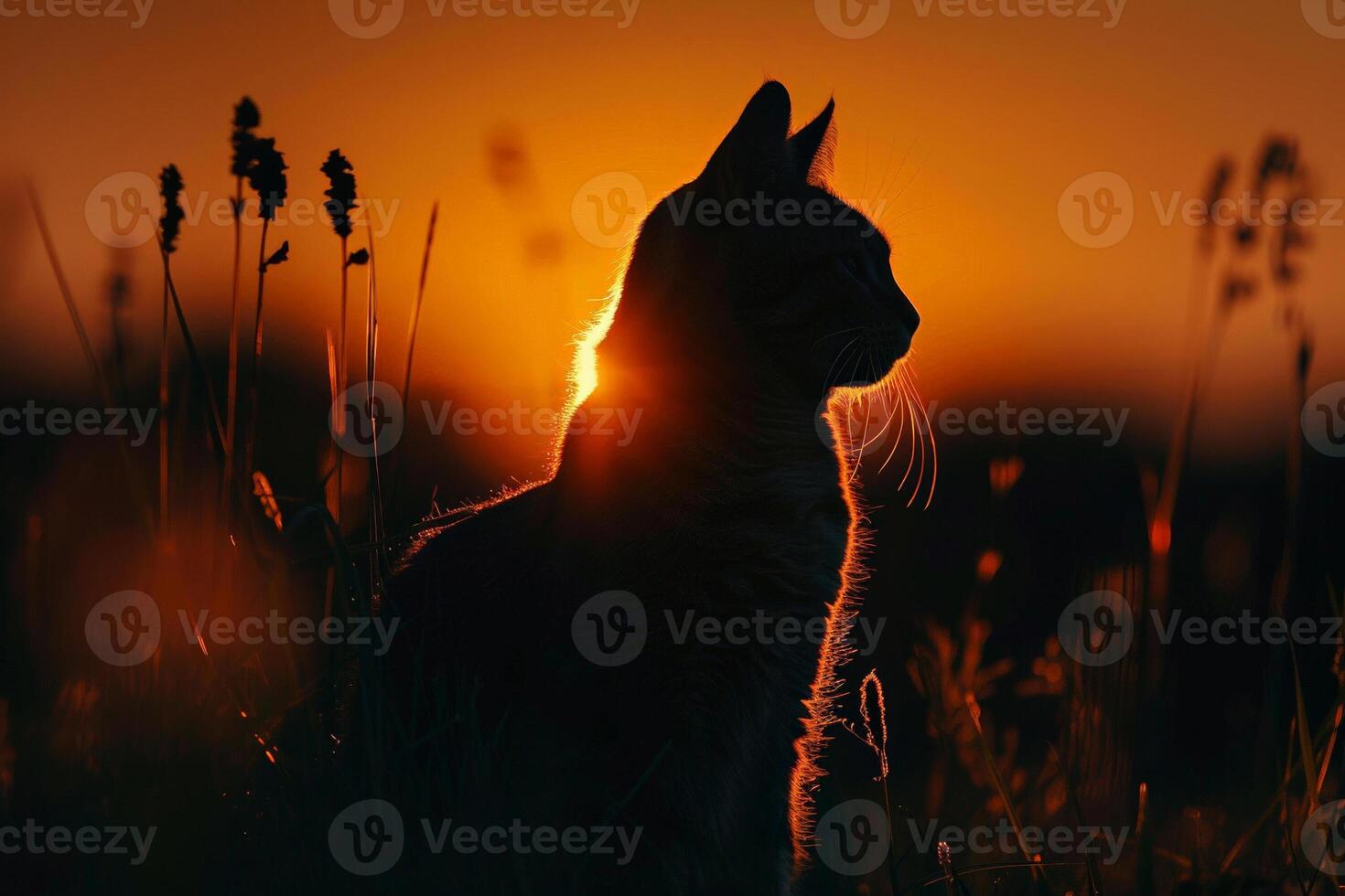 Silhouette of a cat at sunset, serene and majestic, celebrating the beauty of cats on their special day photo