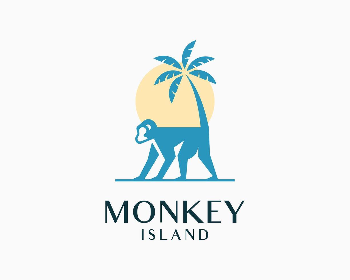 Monkey Chimpanzee Ape Primate Island Palm Tree Sun Holiday Vacation Logo Design Illustration vector