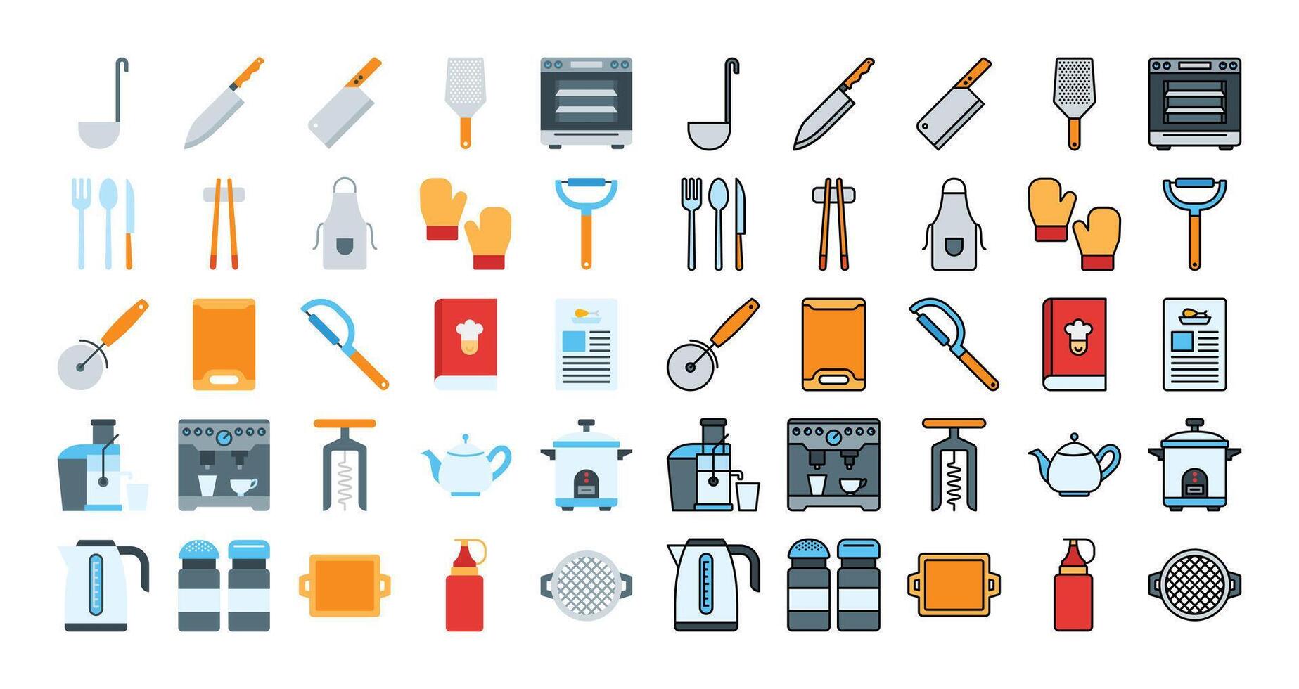 cocina icono conjunto en plano y lleno línea estilo vector