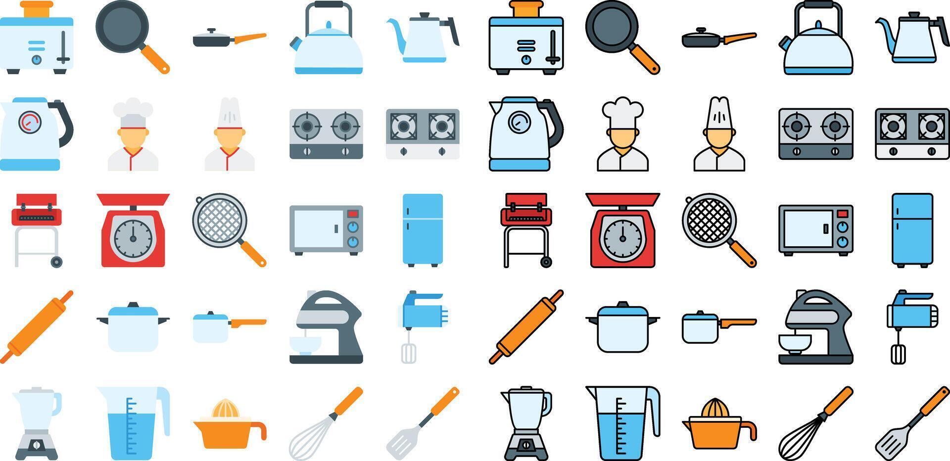 cocina icono conjunto en plano y lleno línea estilo vector