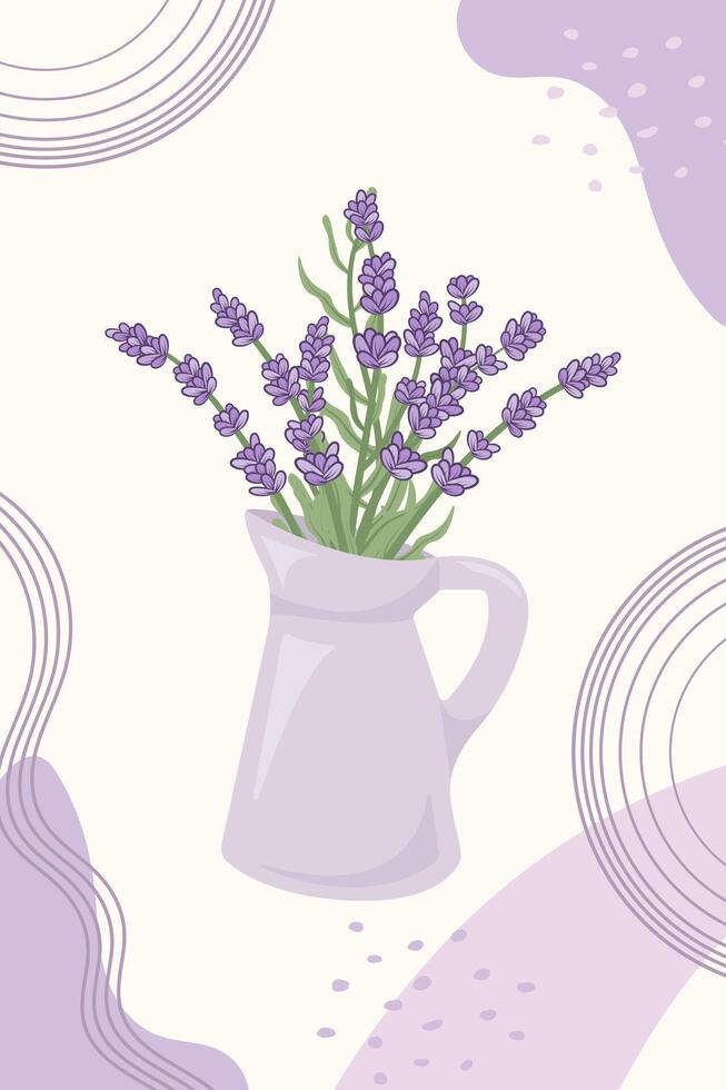 Trendy botanical wall art with lavender bouquet in a jug. Template concept for postcards, banner, social media design, invitations, covers, wall art. vector